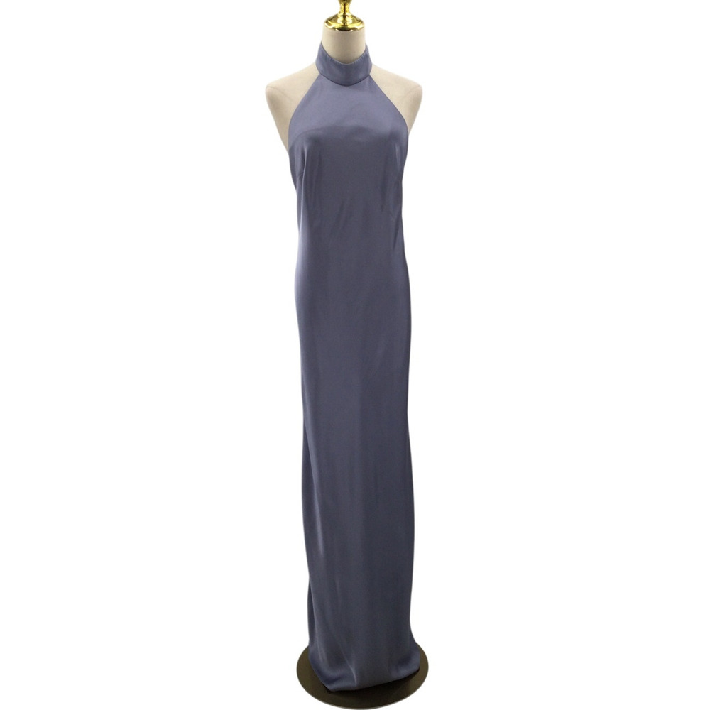 AW BRIDAL 10 L Dusty Blue satin halter Mugwort bridesmaid maxi dress NEW B48
